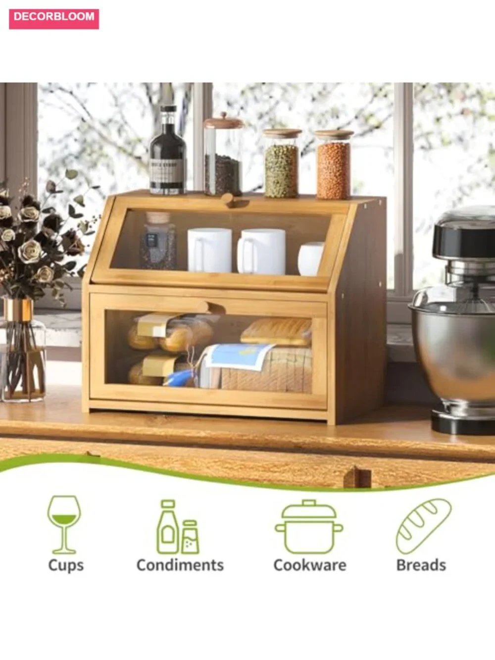 Double Layer Bamboo Wood Bread Box for Kitchen Countertop Storage